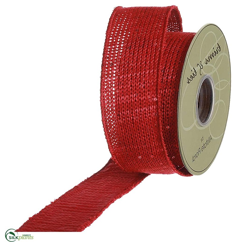 Silk Plants Direct Glittered Knitted Ribbon – Red – Pack of 6 Red