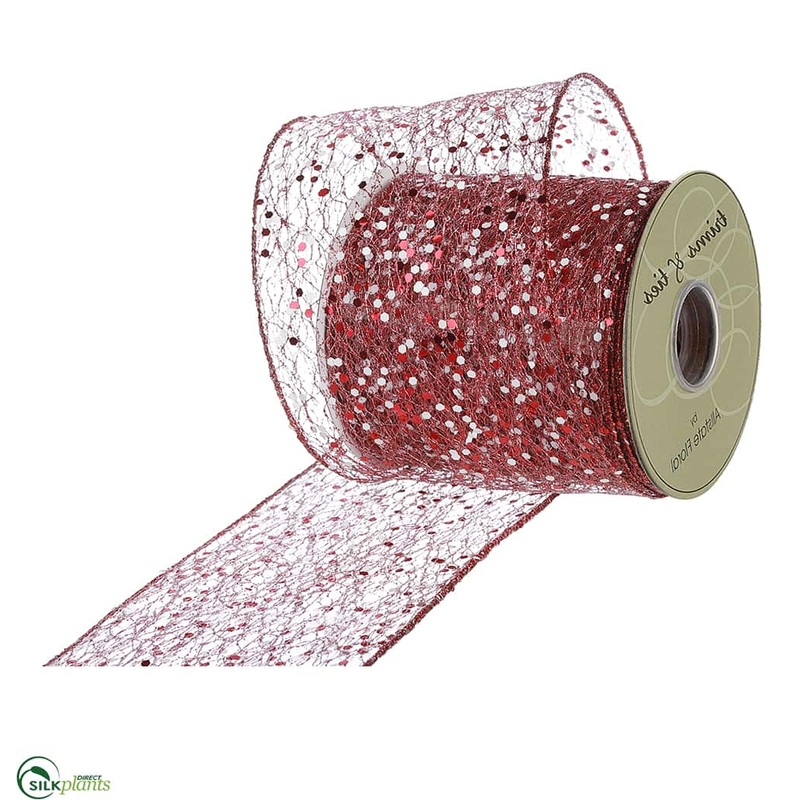 Silk Plants Direct Glittered Mesh Ribbon – Red White – Pack of 6 Red White
