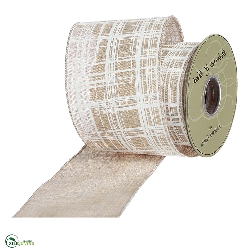 Silk Plants Direct Plaid Ribbon – Beige White – Pack of 6 Beige White