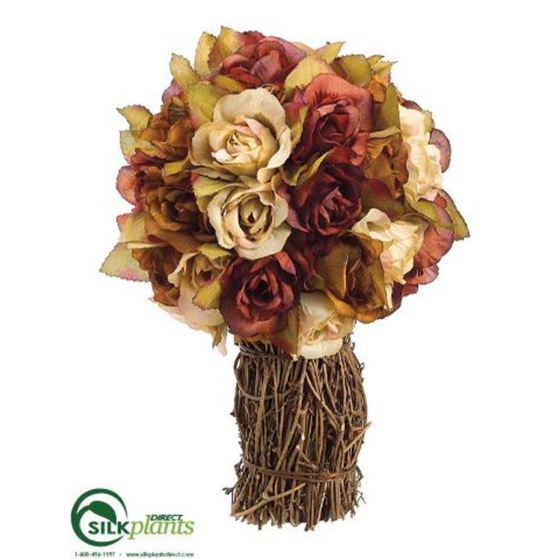 Silk Plants Direct Rose Topiary Bouquet – Brown Beige – Pack of 12 Brown Beige