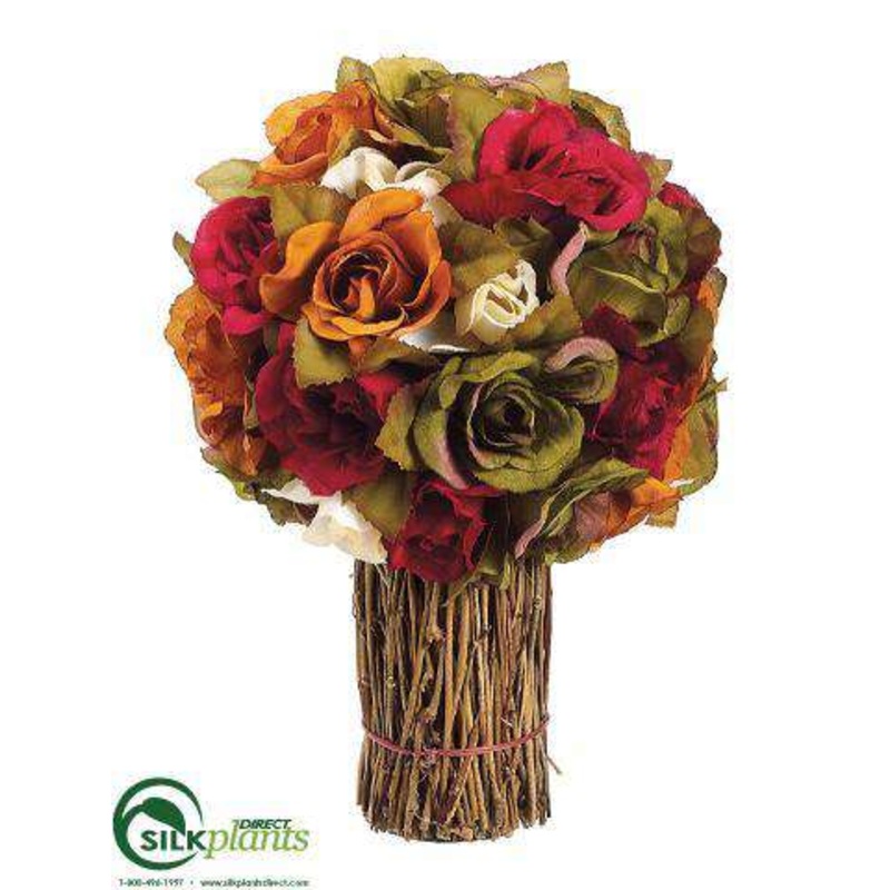 Silk Plants Direct Rose Topiary Bouquet – Orange Green – Pack of 12 Orange Green
