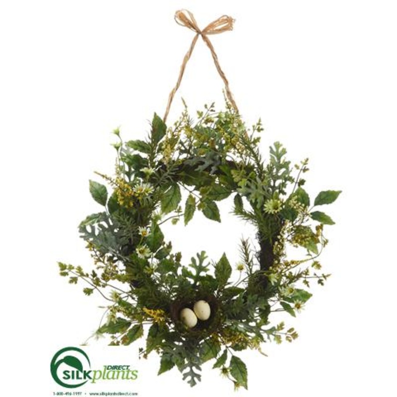 Silk Plants Direct Mini Daisy, Astilbe, Fern Wreath – Yellow Cream – Pack of 2 Yellow Cream