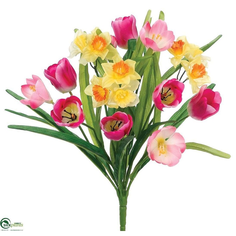Silk Plants Direct Tulip, Daffodil Bush – Pink Yellow – Pack of 12 Pink Yellow