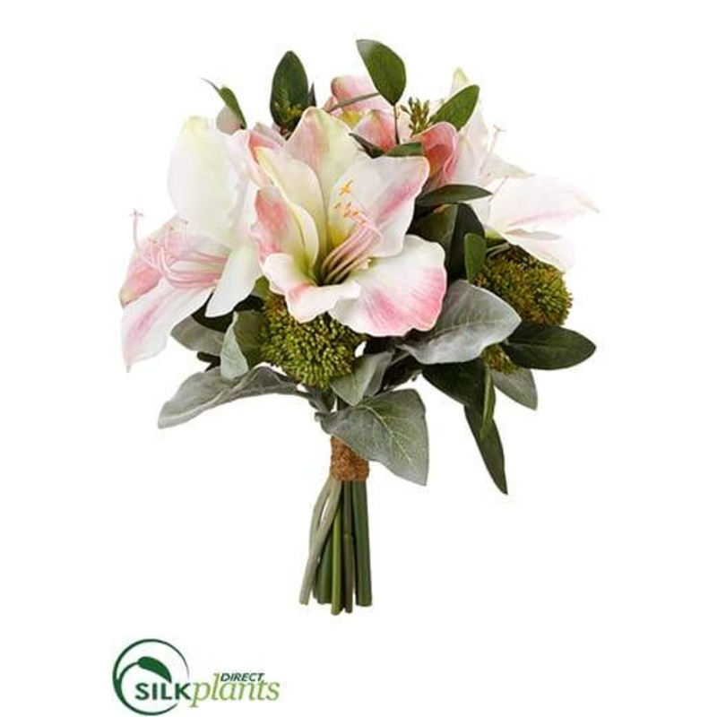 Silk Plants Direct Amaryllis, Sedum, Lamb’s Ear Bouquet – White Pink – Pack of 4 White Pink