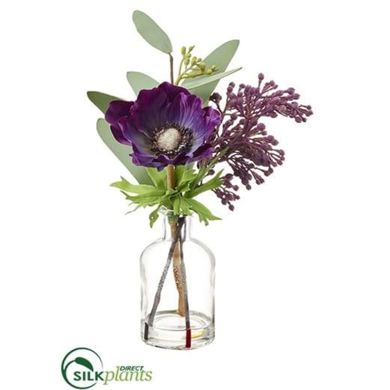 Silk Plants Direct Anemone, Eucalyptus Arrangement – Purple – Pack of 12 Purple