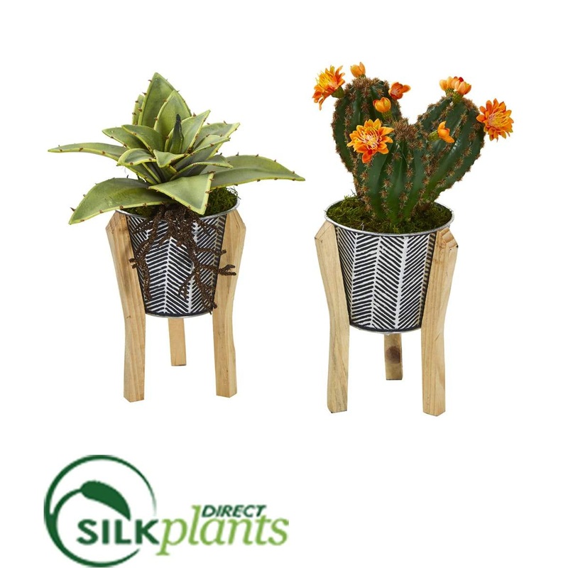 Silk Plants Direct Mixed Succulent Artificial Plant in Tin Planter with Legs – Pack of 2 Default Title