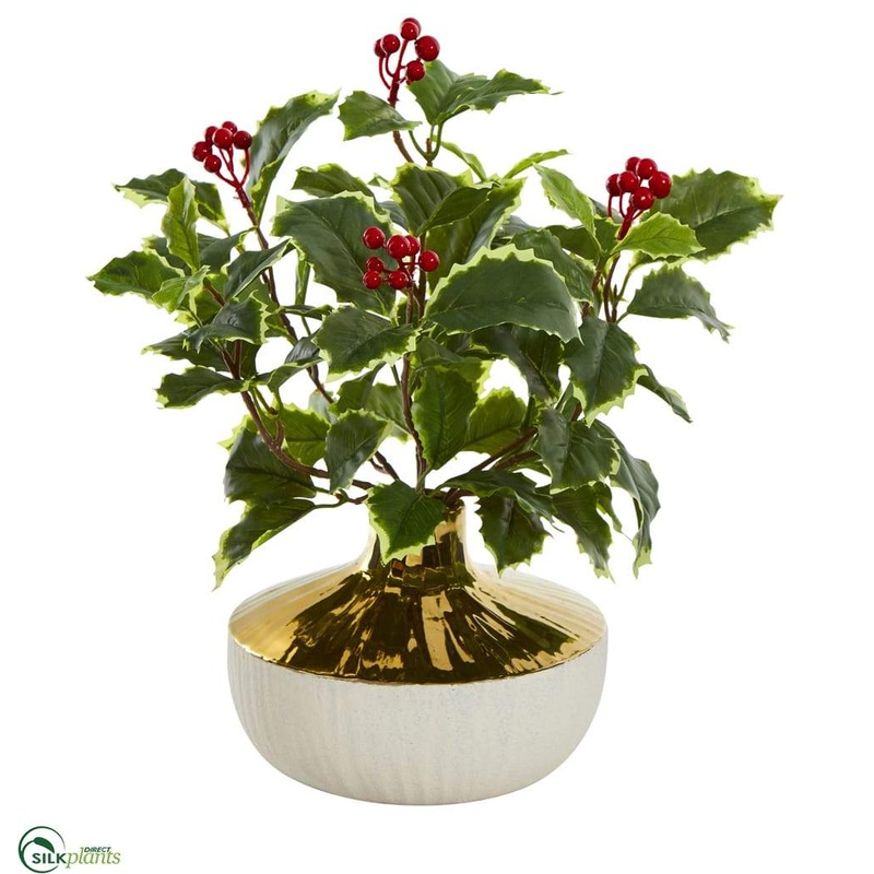 Silk Plants Direct Variegated Holly Leaf Artificial Plant in Gold and Cream Elegant Vase – Pack of 1 Default Title