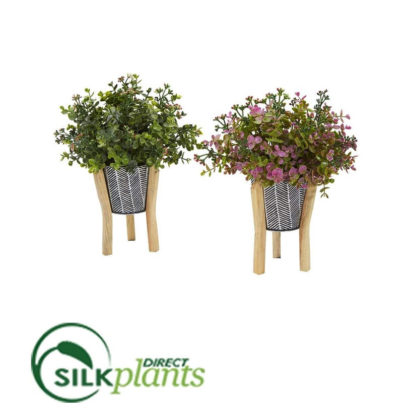 Silk Plants Direct Eucalyptus and Sedum Artificial Plant in Tin Planter with Legs – Pack of 2 Default Title