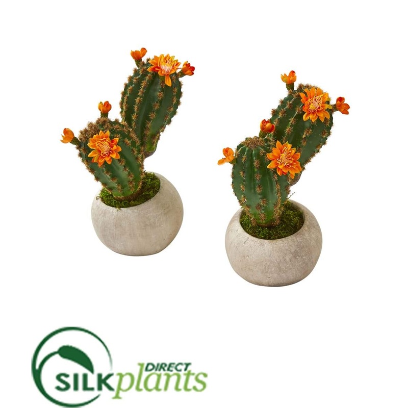 Silk Plants Direct Flowering Cactus Succulent Artificial Plant in Stone Planter – Pack of 2 Default Title