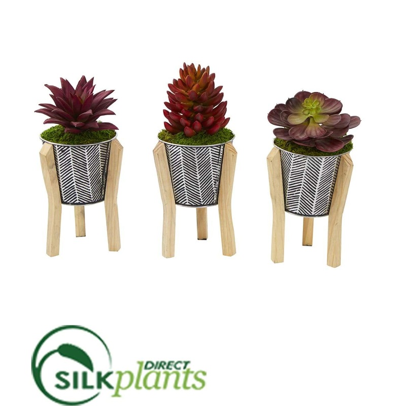 Silk Plants Direct Mixed Succulent Artificial Plant in Tin Planter with Legs – Pack of 3 Default Title