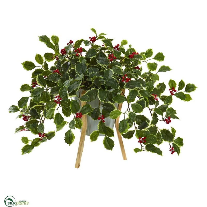 Silk Plants Direct Variegated Holly Berry Artificial Plant in Green Planter with Stand – Pack of 1 Default Title