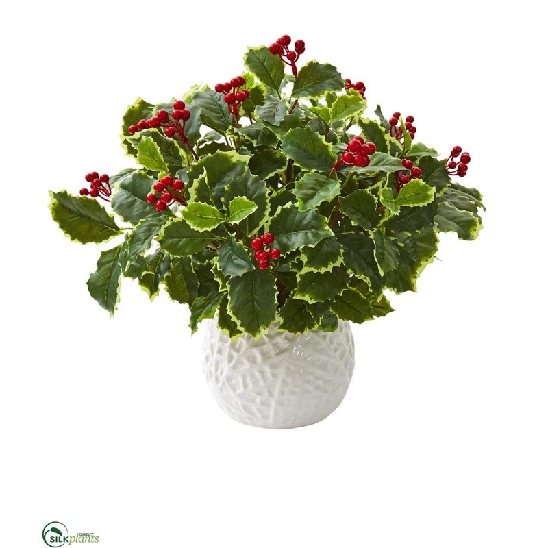 Silk Plants Direct Variegated Holly Artificial Plant in White Planter – Pack of 1 Default Title
