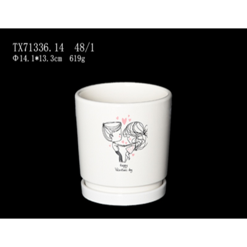 Adorable Round White Ceramic Pot with Cutest Couple Picture – Perfect Valentine’s Day Gift