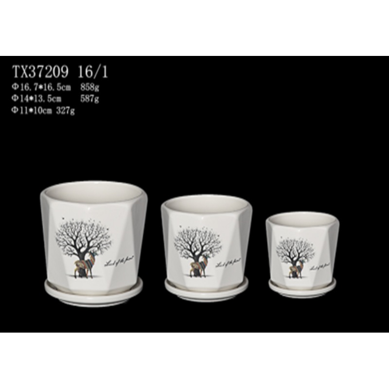 Minimalist Round Ceramic Plant Pot – White with Animal Picture Design | Set of 3 | With Drainage Hole