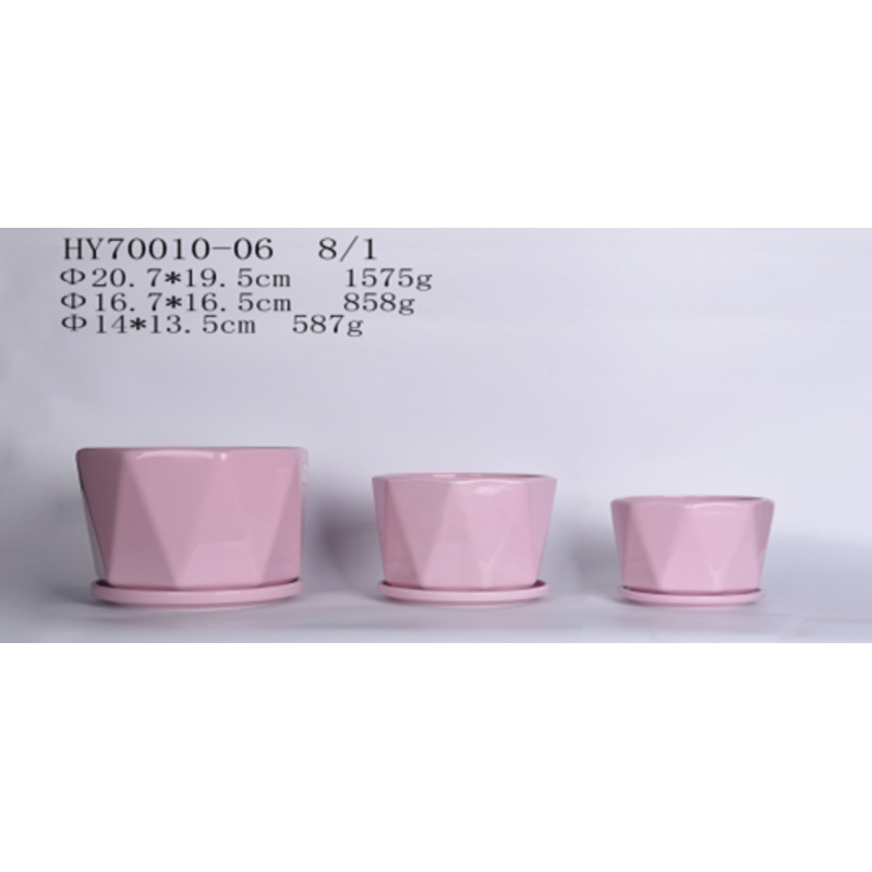 Modern Pink Hexagonal Ceramic Pot with Tray | Perfect for Indoor Plants