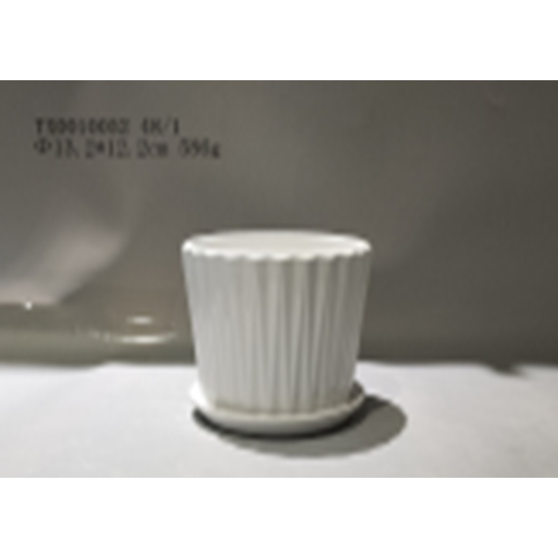 Round Ribbed Ceramic Plant Pot with Bottom Tray – White