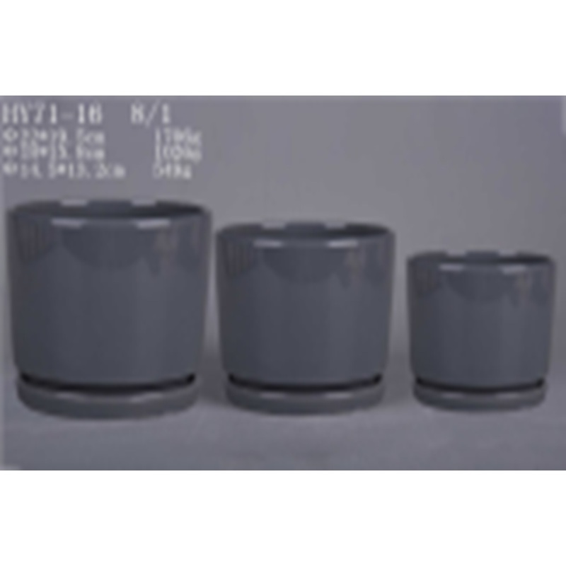 Set of 3 Modern Round Grey Ceramic Pots with Bottom Tray