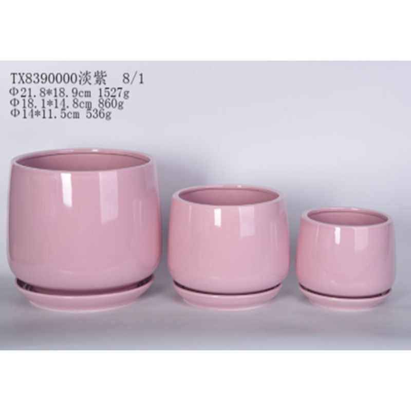Set of 3 Pink Ceramic Bowl-Shaped Pots with Bottom Tray