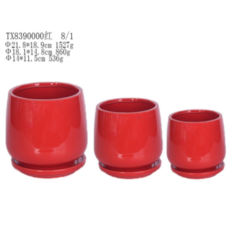 Set of 3 Red Round Ceramic Planters with Bottom Tray – Modern Design, Suitable for Table Top Plants