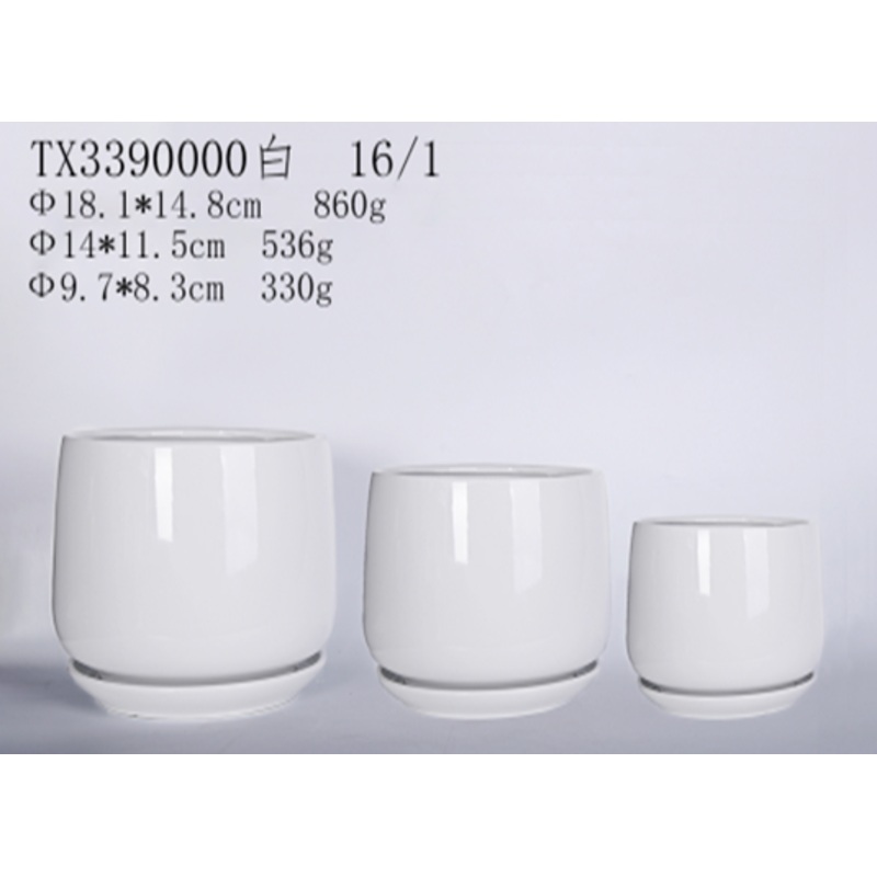 Set of 3 Round Ceramic Flower Pots – White, Fancy Design