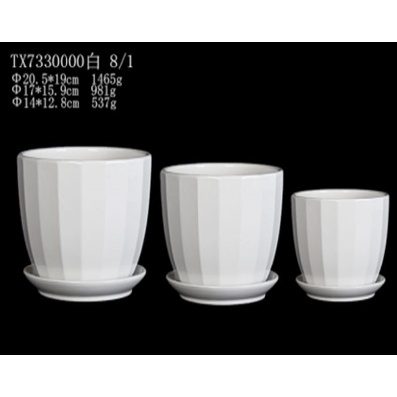 Set of 3 White Ribbed Ceramic Tabletop Planters – High-Quality Pot Set for Indoor Plants