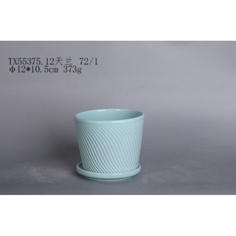 Sky Blue Ribbed Design Spiro Ceramic Pot for Table Top Plants
