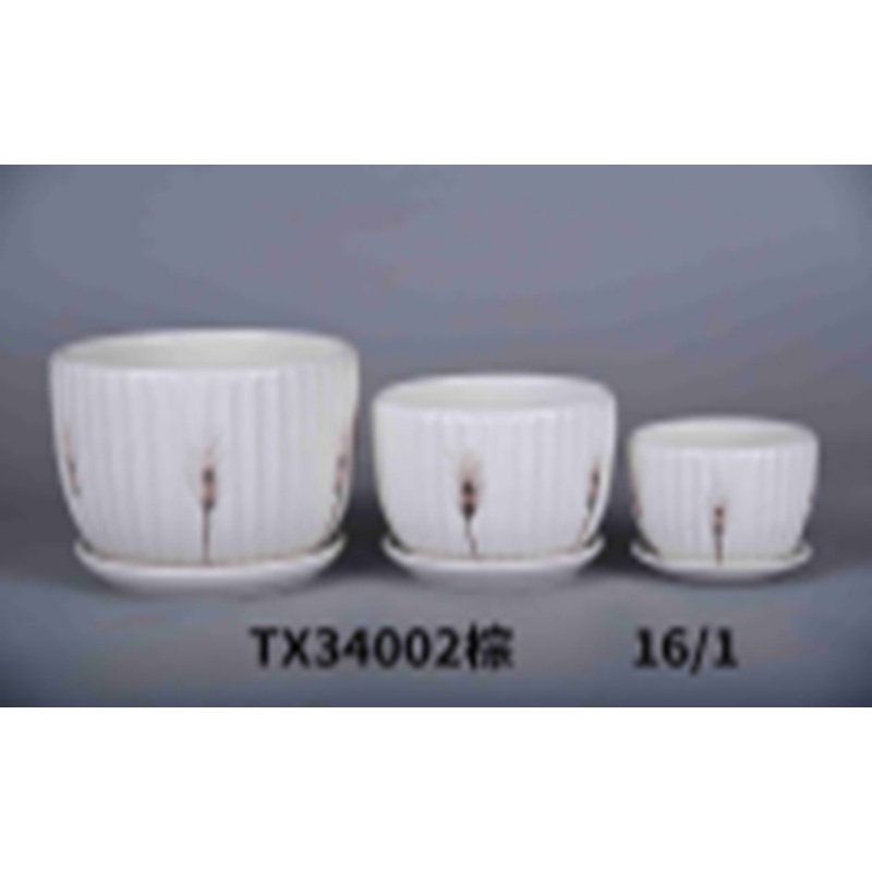 Sleek and Stylish: Round Ceramic Plant Pot in White with Striped Line Design