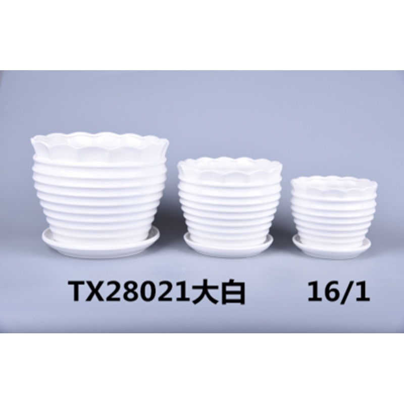 Striped Round Ceramic Plant Pot Set – Shiny White, Minimalistic Design