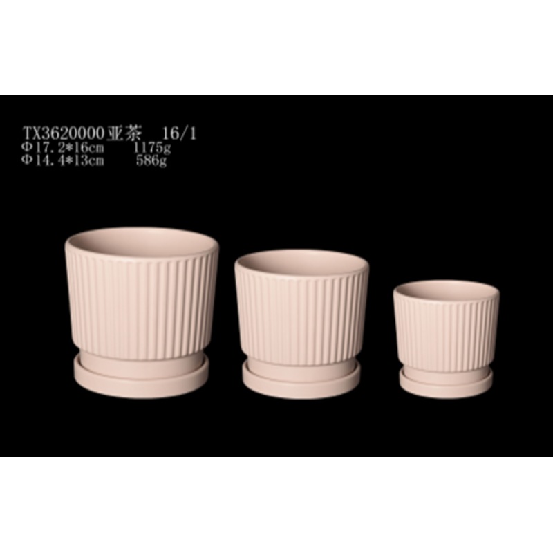 Striped Round Pink Ceramic Pot – Trendy Design for Tabletop Plants (Set Of 3 )