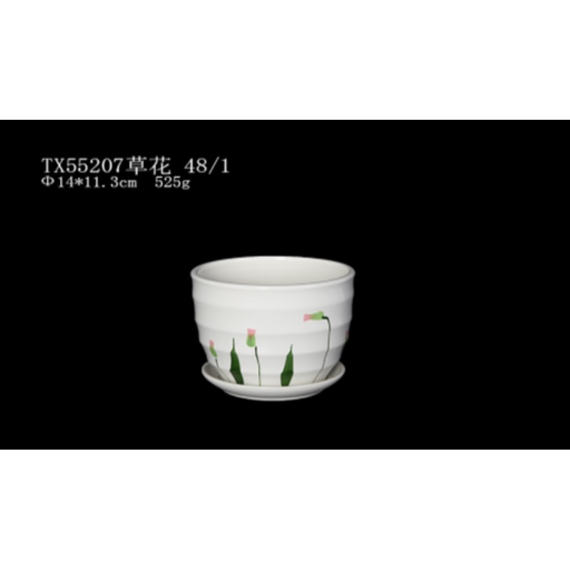 Stylish Round Ceramic Flower Pot with Small Striped Green Design and Tray | Table Top Plants