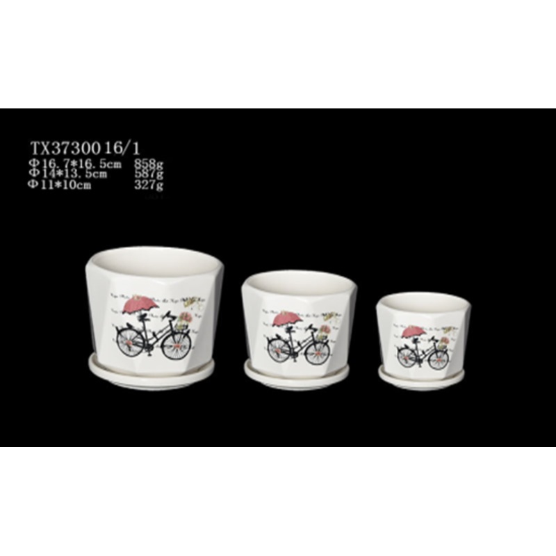 Stylish Round Ceramic Pot with White Cycle Picture | Modern Home Dcor (Set Of 3)