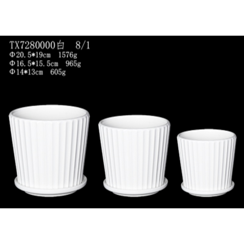 Stylish White Line Design Ceramic Pot Set with Plate – Set of 3