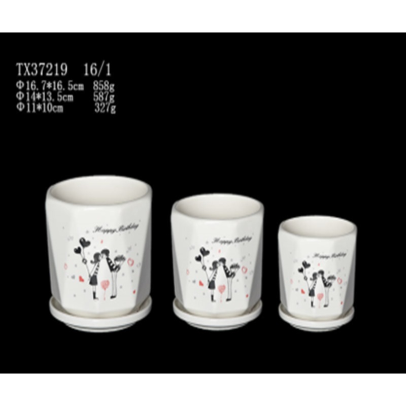 Unique White Couples Picture Ceramic Pot – Modern Round Shape for Home Dcor (Happy Birthday) -Set Of 3