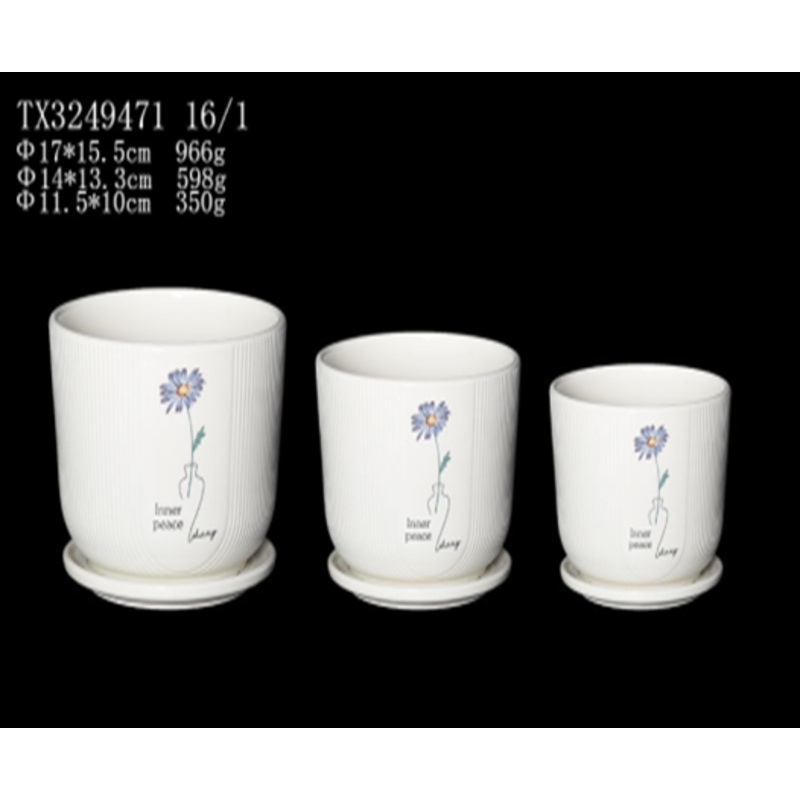 White Ceramic Flower Pots – Set of 3 | Cylindrical Shape | Hand-Painted Flower  Design