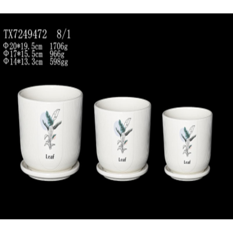 White Ceramic Pot – Hand-Painted Leaves Design | Tabletop Plant Decor (Set Of 3)