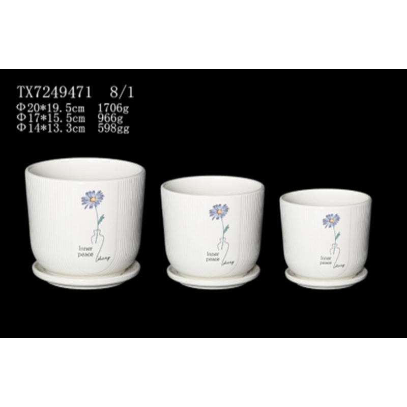 White Ceramic Round Pot with Creative  Plant Design- Set of 3 | Modern Design