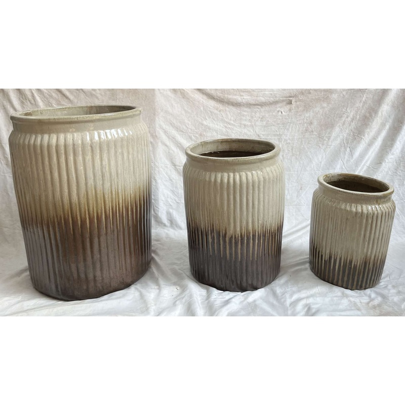 Chic Glazed Ceramic Pots with Round Rim Striped Cylinder Design | Cream Black & Yellow | Set of 3