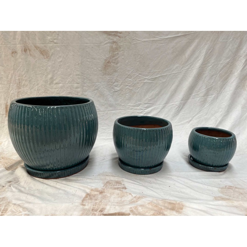 Modern Blue Glazed Ceramic Round Planters with Saucers – Set of 3 Large Pots for Indoor and Outdoor Plants