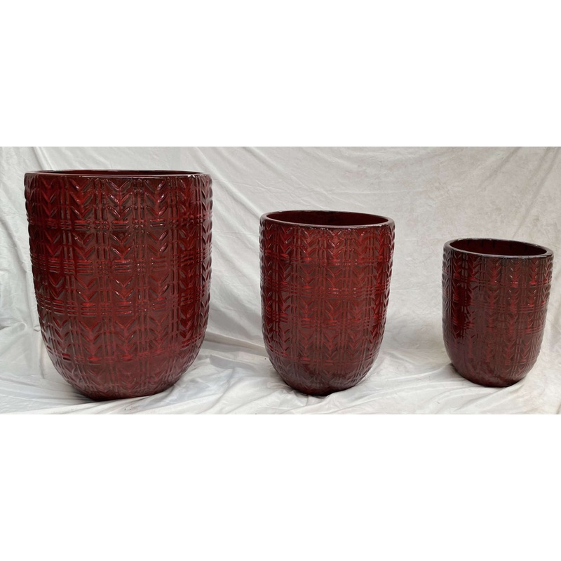 Pack of 3 Glazed Ceramic Pots with Self-Patterned Round Planters – Modern Red and Black Finish