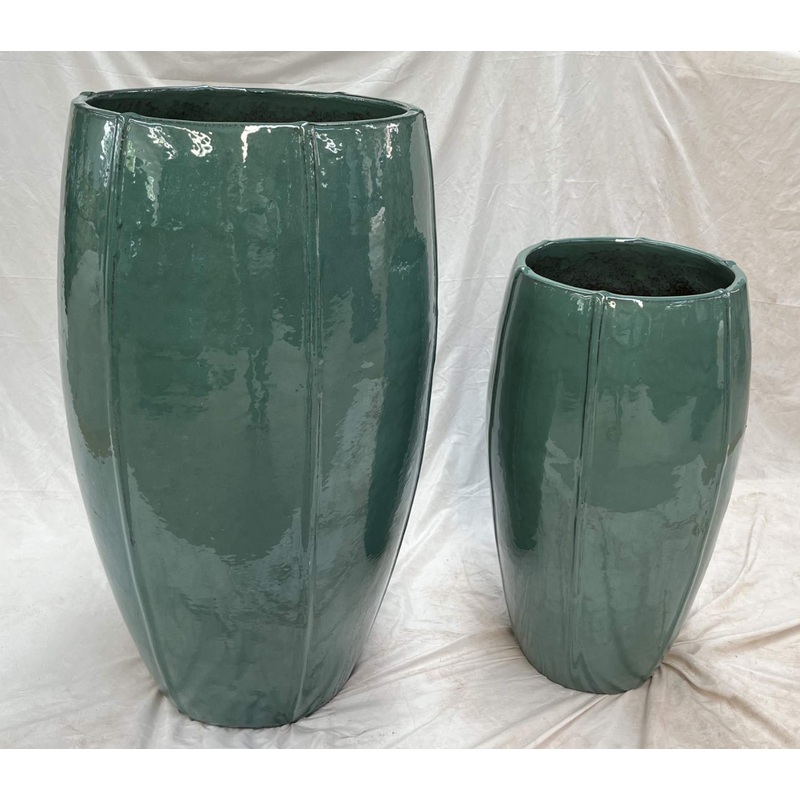 Pair of Large Glazed Ceramic Planters | Sleek Round Cylinder Design | Blue Iron Rust Finish