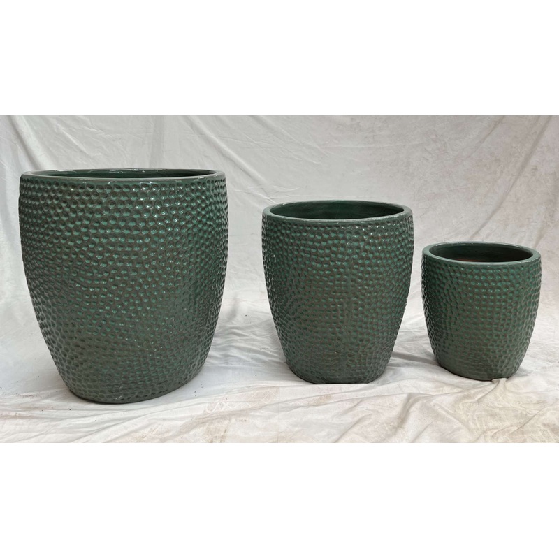 Rain Green Ceramic Planters – Set of 3 Self-Patterned Pots