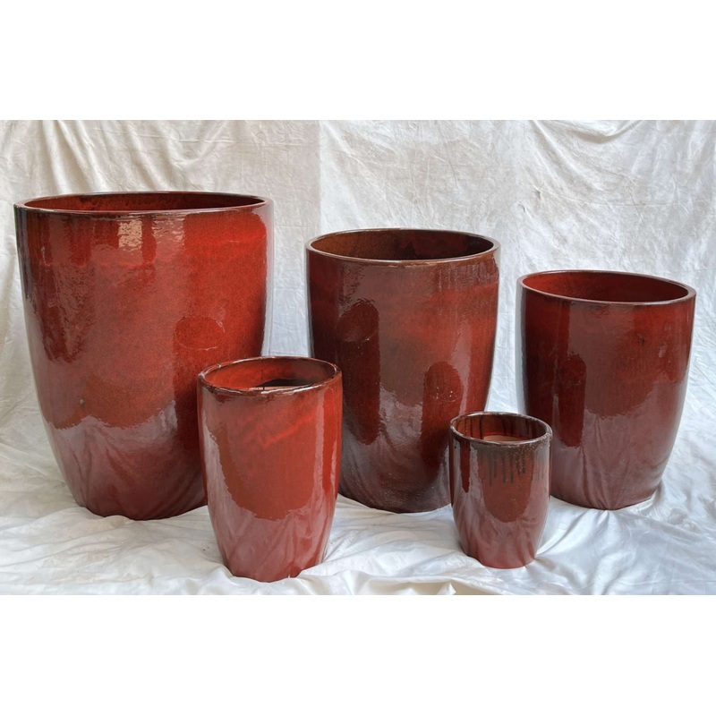 Red Black Round Glazed Planters – Set of 5 | Contemporary Indoor/Outdoor Garden Dcor