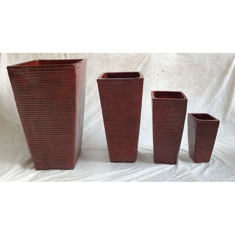Red Square Ceramic Planter Pots | Set of 4 Glazed Modern Plant Containers