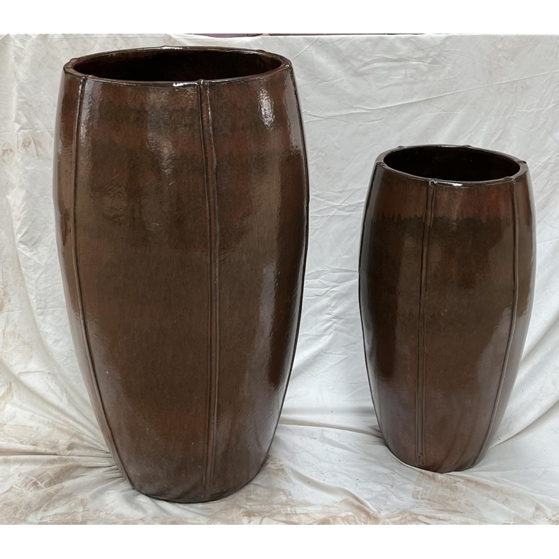 Set of 2 Large Glazed Ceramic Pots | Modern Round Cylinder Design | Coffee Iron Rust Finish