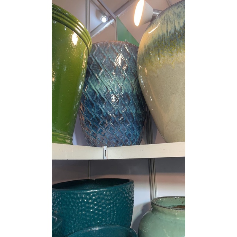 Set of 2 Large Glazed Ceramic Pots – Modern Round Planters in Blue and White