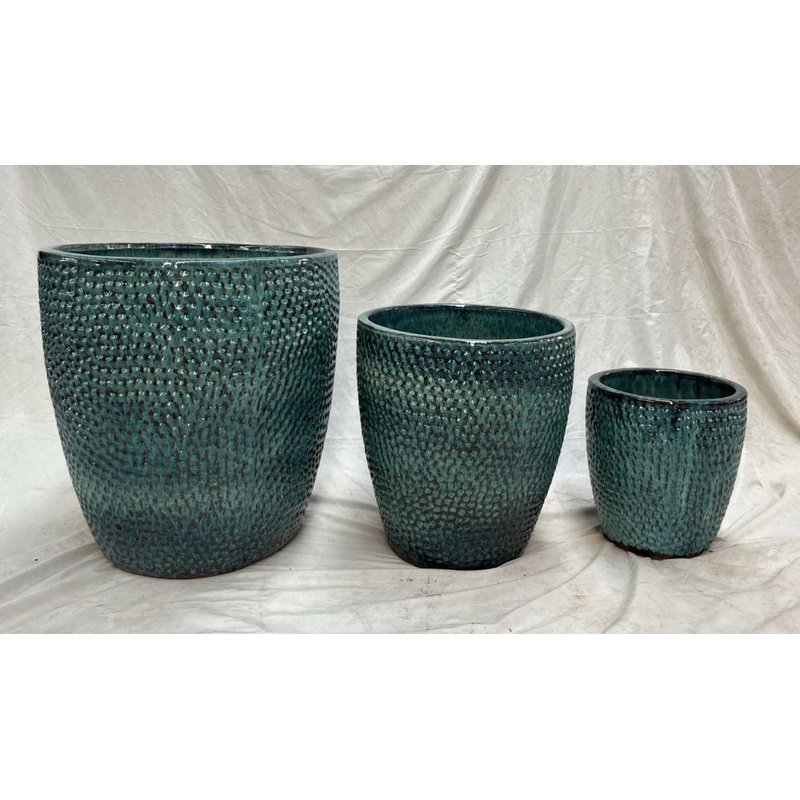Set of 3 Blue White Glazed Ceramic Round Planters with Self-Pattern Design