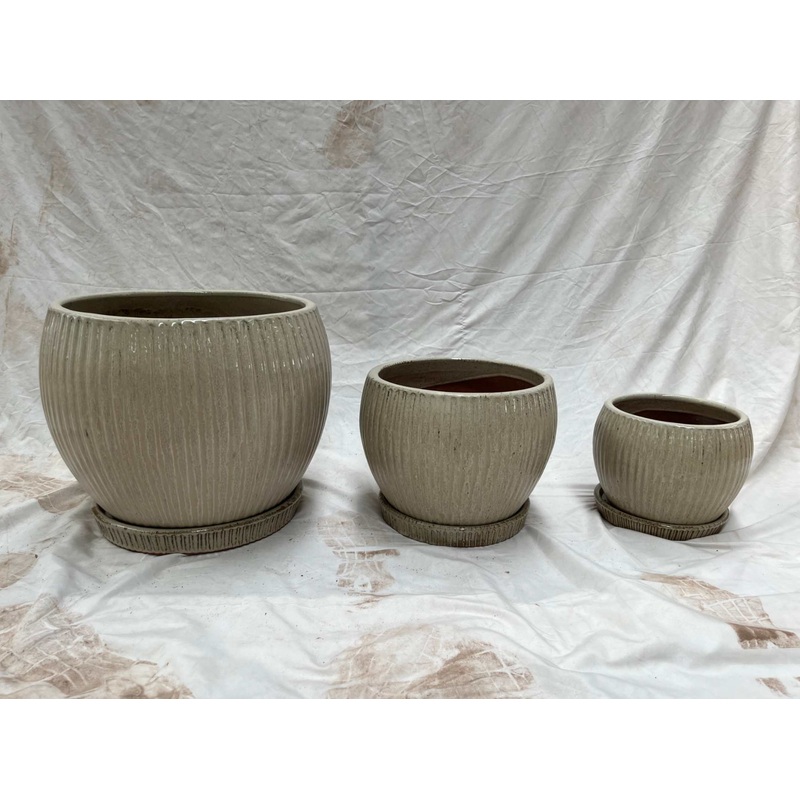 Set of 3 Cream Glazed Ceramic Round Planters with Ribbed Design and Saucers