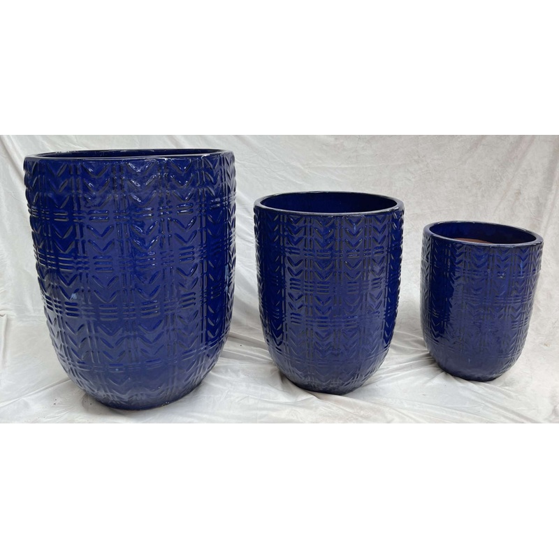 Set of 3 Dark Blue Glazed Ceramic Round Planters with Self-Pattern Design