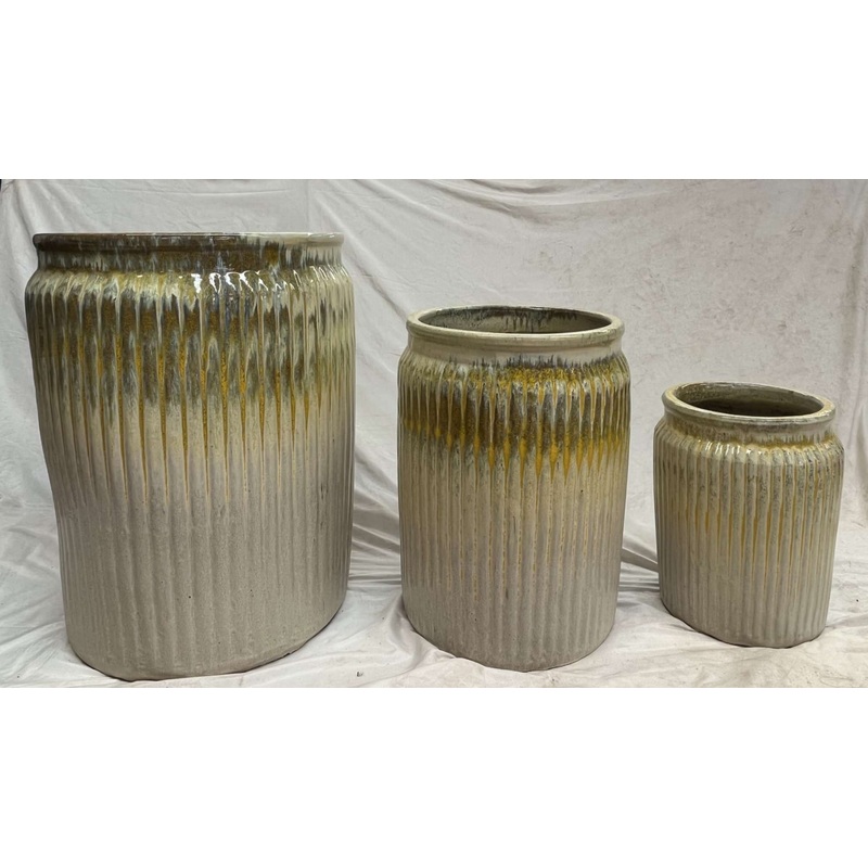Set of 3 Glazed Ceramic Pots with Elegant Ribbed Design | Yellow and Cream
