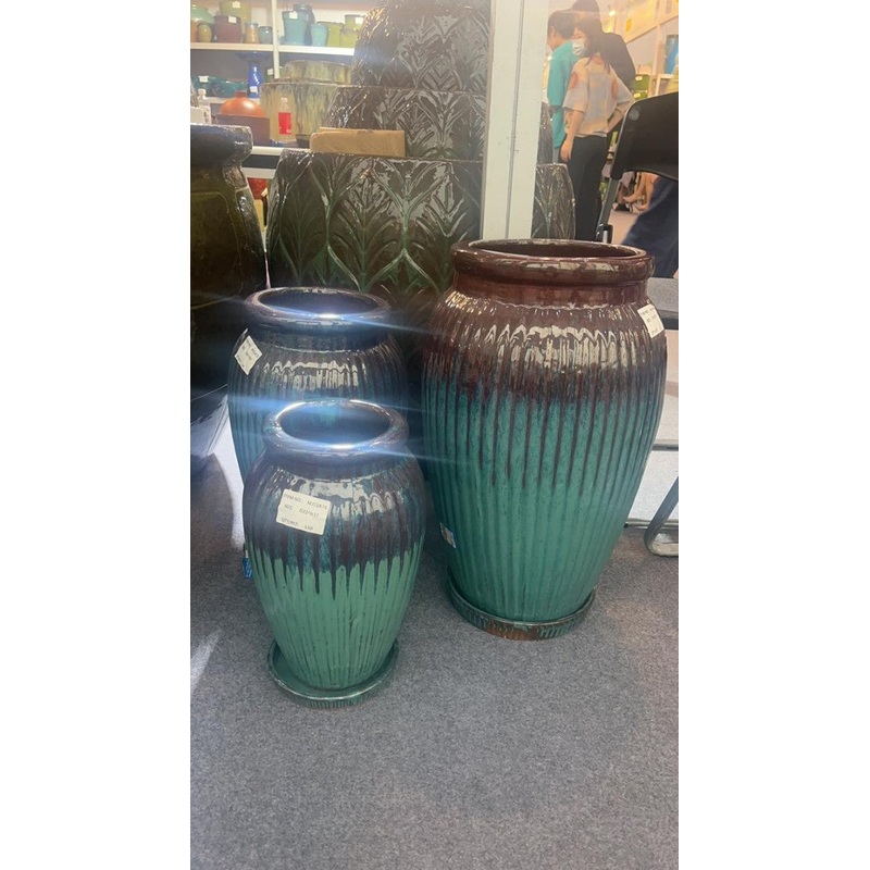 Set of 3 Modern Coffee& Sky Blue Glazed Ceramic Round Planters with Saucers